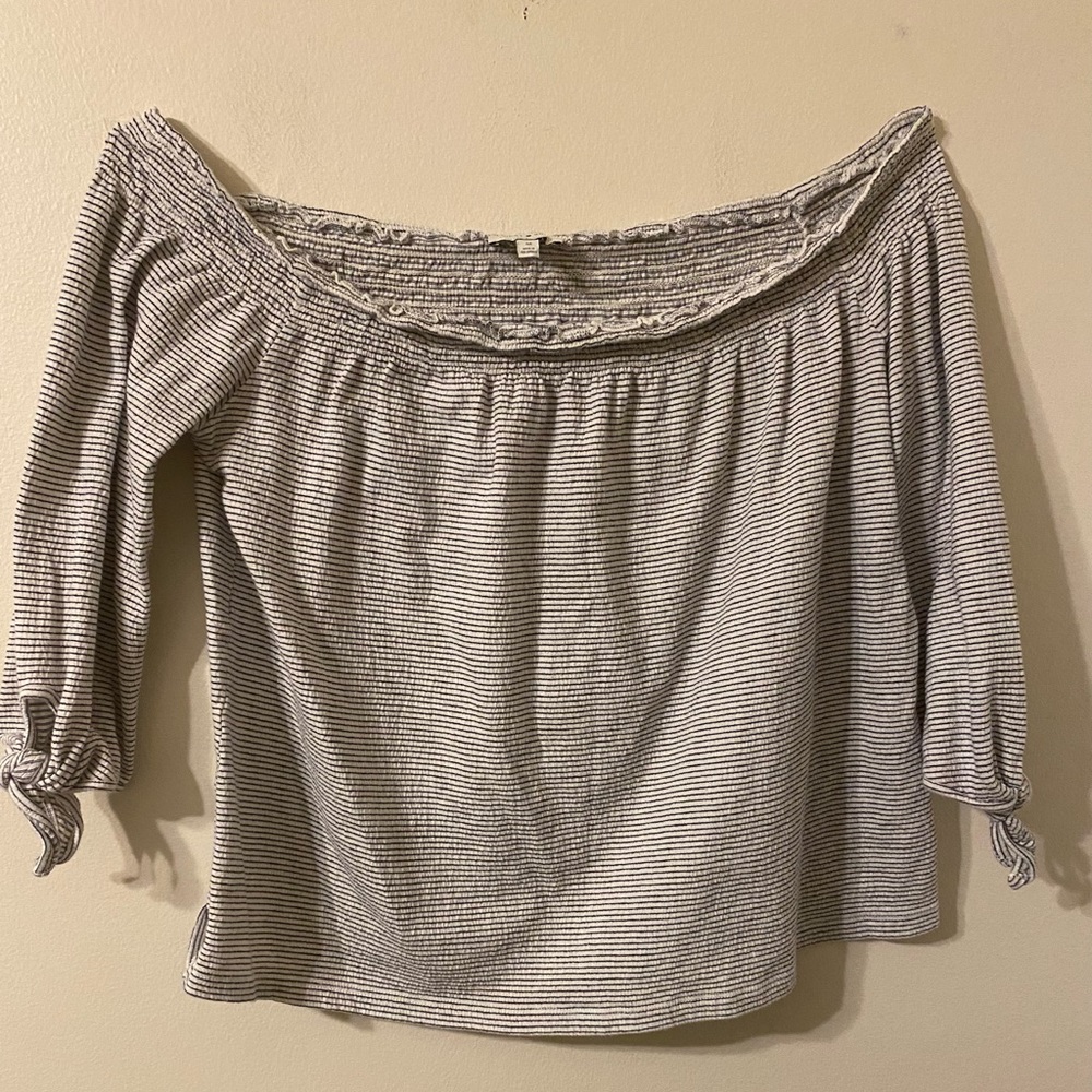 Womens Lucky Brand Gray White Stripe Smock Off Shoulder Top‎ Size Medium